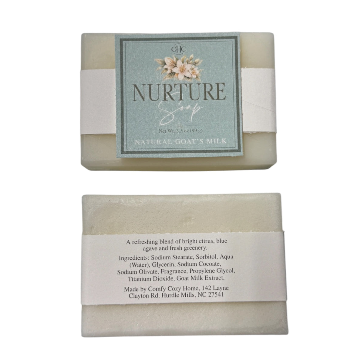 Front and back of the Nurture Citrus Agave goat milk soap bar showing both labels