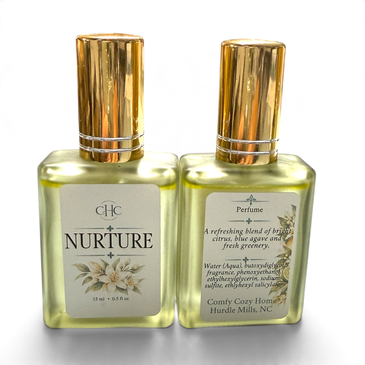 Front and back labels of the Nurture Citrus Agave alcohol-free perfume spray bottle