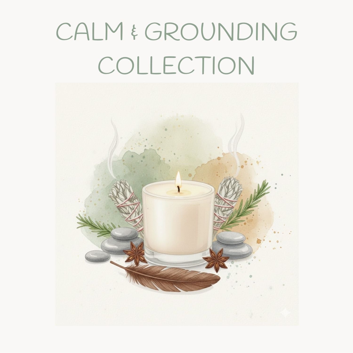 A painterly woodland illustration of a smooth river stone and muted moss on a soft light creamy background, representing a calm and grounding experience.