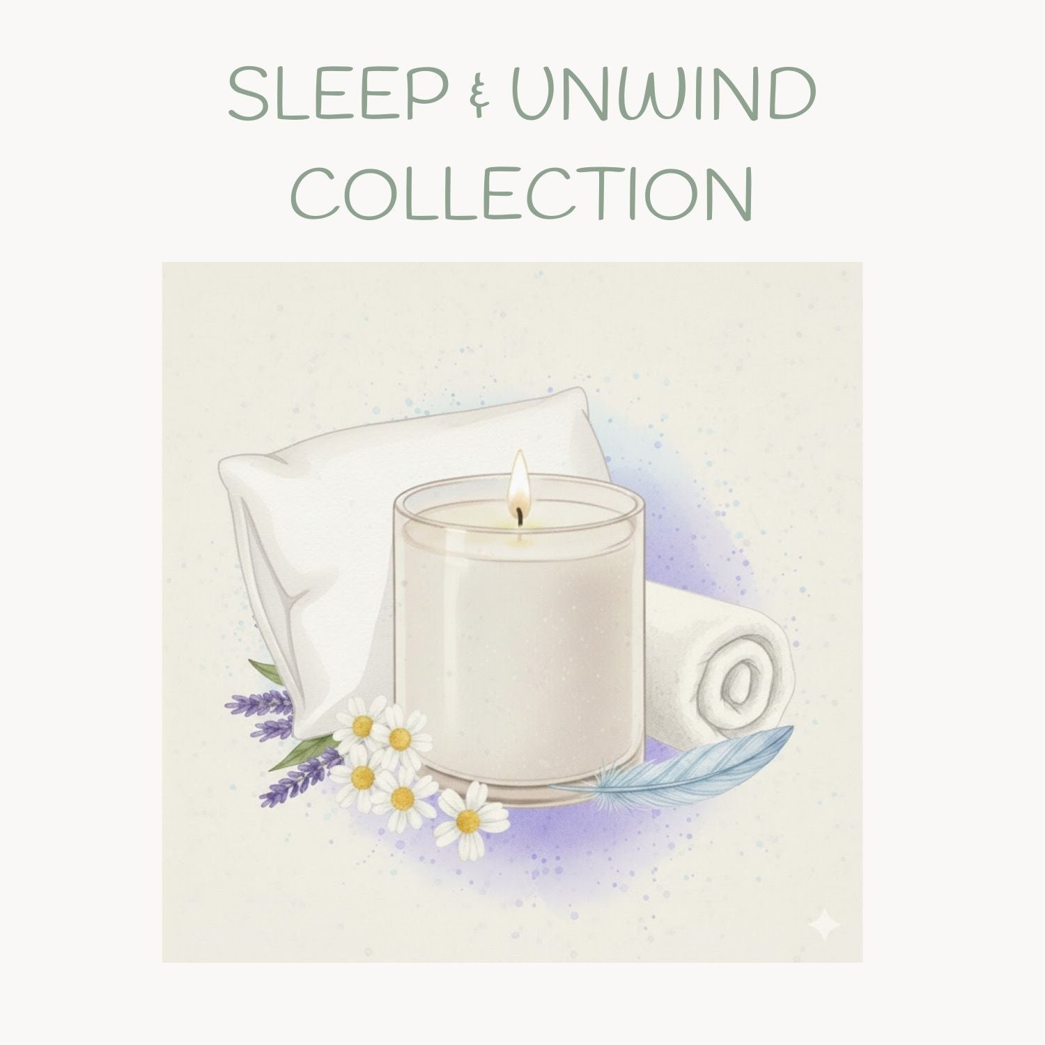 A soft, painterly illustration of a sprig of lavender in muted purple tones on a light creamy background, representing a sleep and deep unwind scent profile.