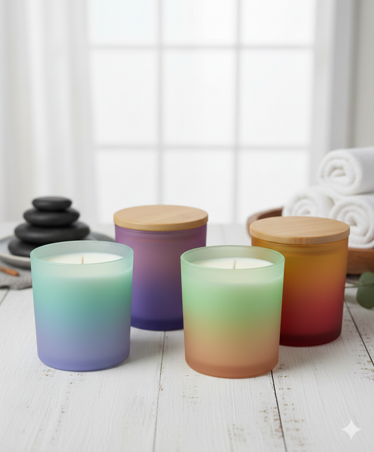 ombre glass lotion massage candles showing a smooth color transition, centered on a soft light creamy background