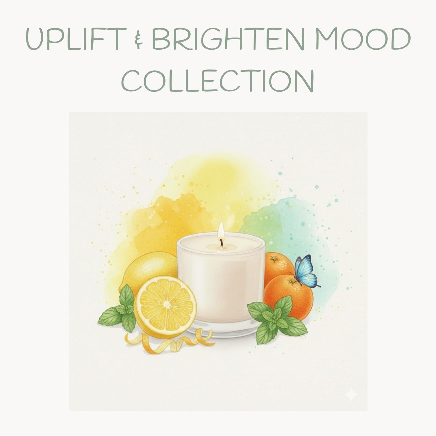 A soft watercolor illustration of a sun-drenched citrus blossom on a neutral creamy background, representing an uplift and brighten mood scent experience.