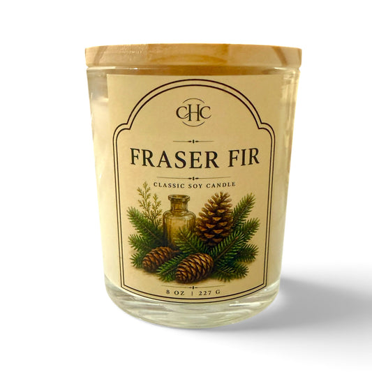 Fraser Fir classic soy candle with a fresh evergreen Christmas tree scent, 7 oz hand-poured in a glass jar