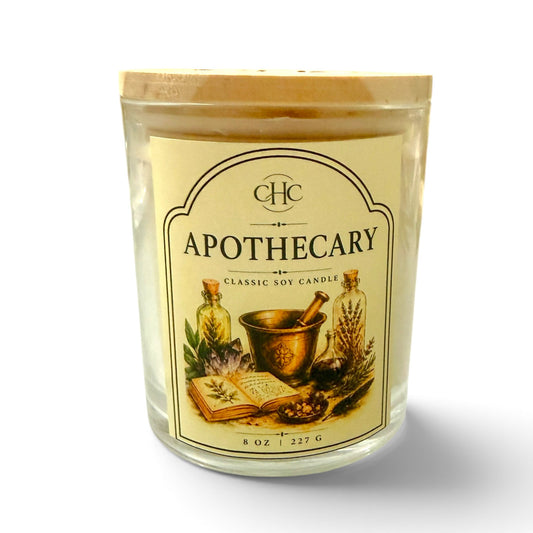 Apothecary classic soy candle with a clean herbal scent, 7 oz hand-poured in a glass jar with wood lid