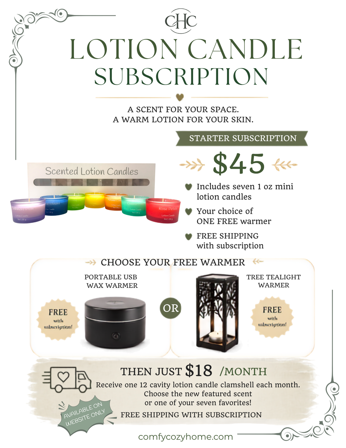 Lotion Candle Subscription flyer: $45 starter box of seven 1 oz mini lotion candles with a free USB or tree tealight warmer, then $18 a month
