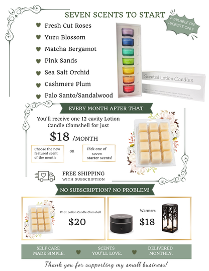 Seven starter scents for the Lotion Candle Subscription, then a 12-cavity lotion melt clamshell for $18 a month with free shipping