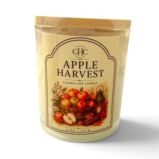 Apple Harvest classic soy candle with crisp apple and autumn spice scent, 7 oz hand-poured in a glass jar