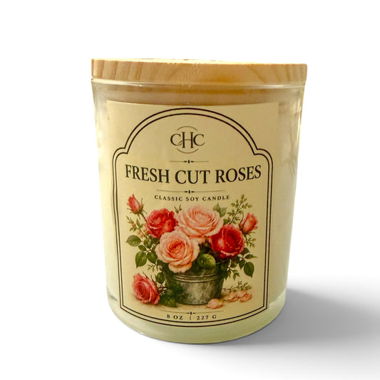 Fresh Cut Roses classic soy candle with a fresh rose floral scent, 7 oz hand-poured in a glass jar with wood lid