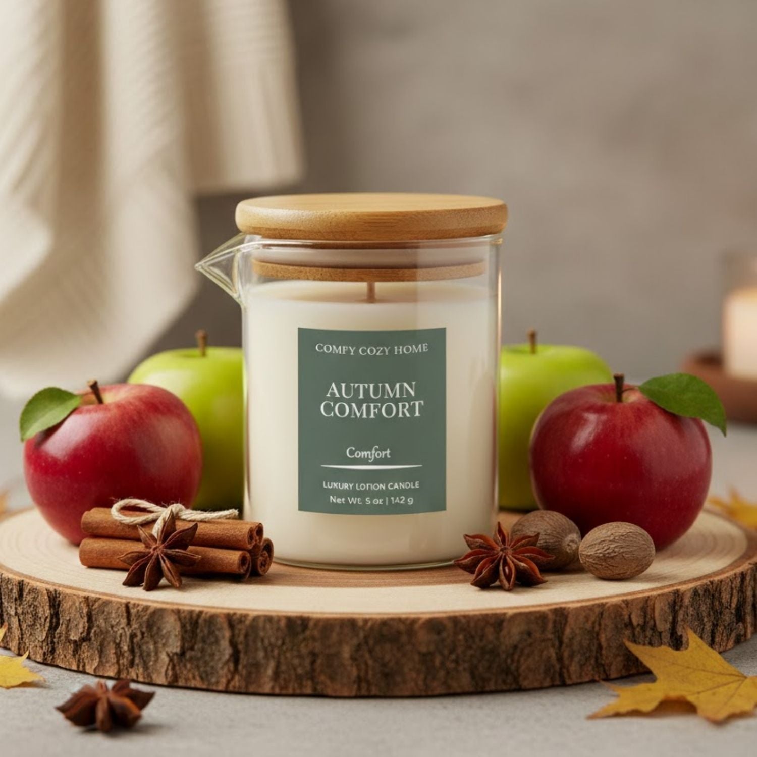 Candle labeled 'Autumn Comfort' surrounded by apples and spices on a wooden surface