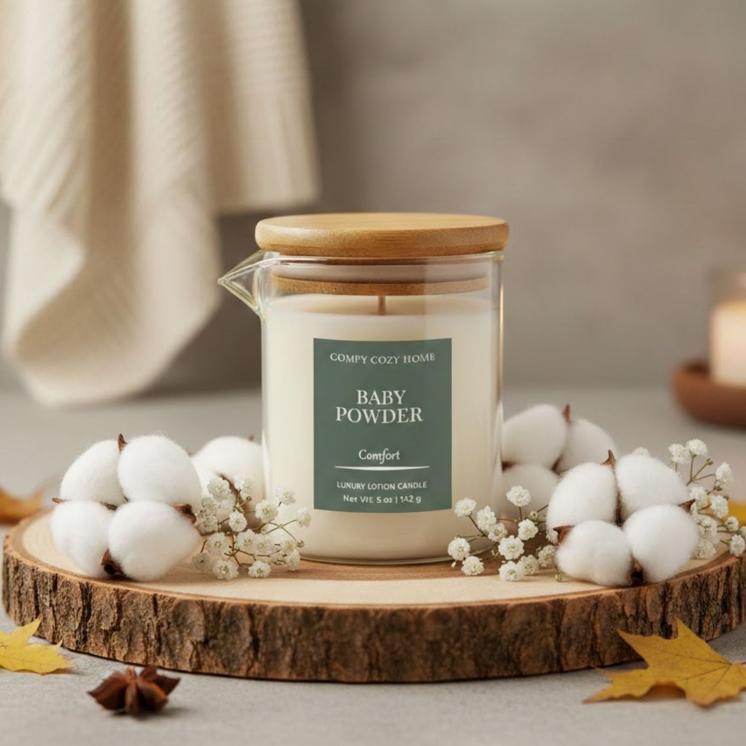 Candle labeled 'Baby Powder' on a wooden coaster with cotton and leaves.