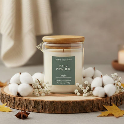 Candle labeled 'Baby Powder' on a wooden coaster with cotton and leaves.