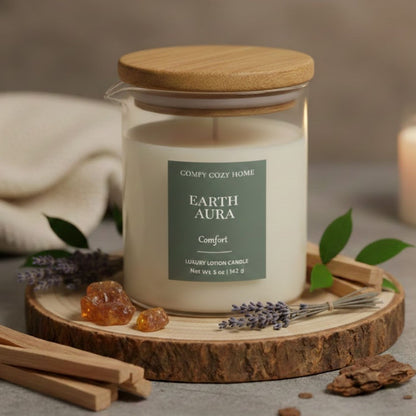 Candle labeled 'Earth Aura' from 'Comfy Cozy Home' on a wooden coaster with natural elements.
