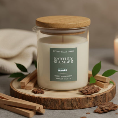 Candle labeled 'Earthly Slumber' on a wooden coaster with natural elements.