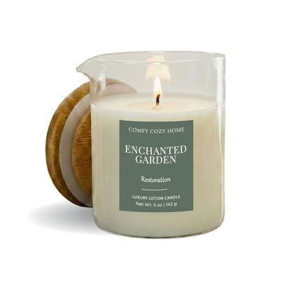 Candle with a wooden lid labeled 'Enchanted Garden' on a white background