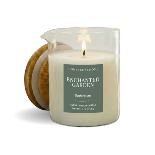 Candle with a wooden lid labeled 'Enchanted Garden' on a white background