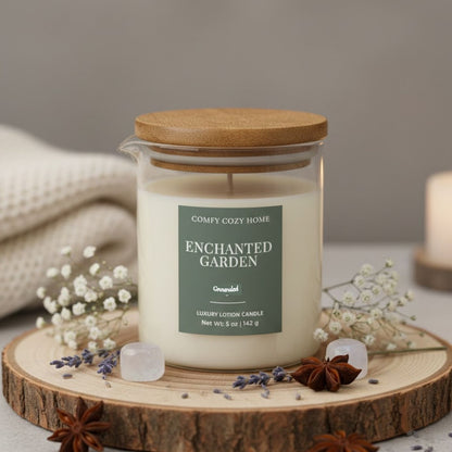 Candle labeled 'Enchanted Garden' on a wooden coaster with decorative elements.