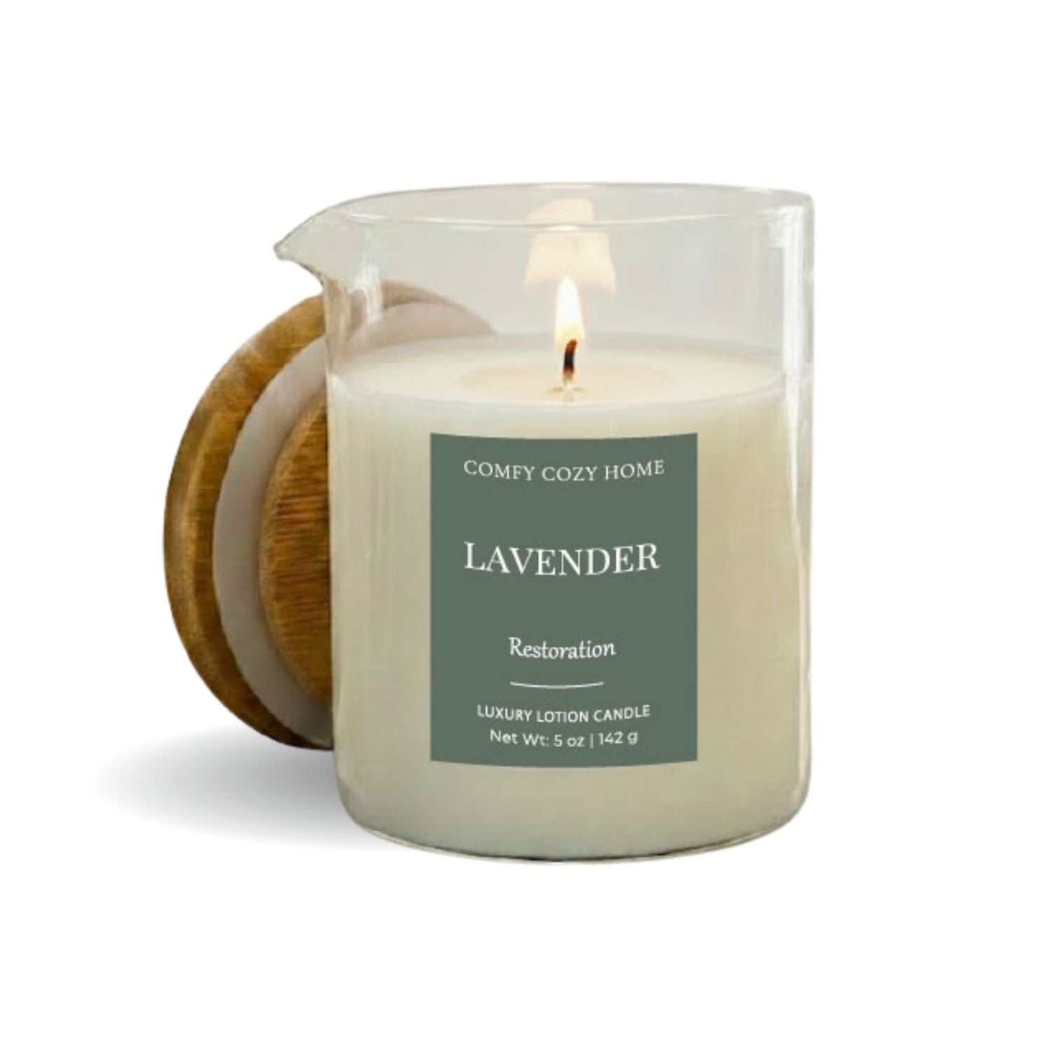 Handcrafted lavender massage lotion candle in a clear glass jar, perfect for intentional evening relaxation.