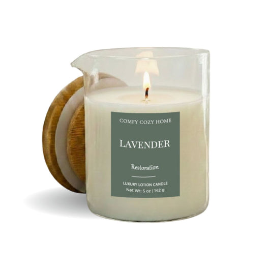 Handcrafted lavender massage lotion candle in a clear glass jar, perfect for intentional evening relaxation.