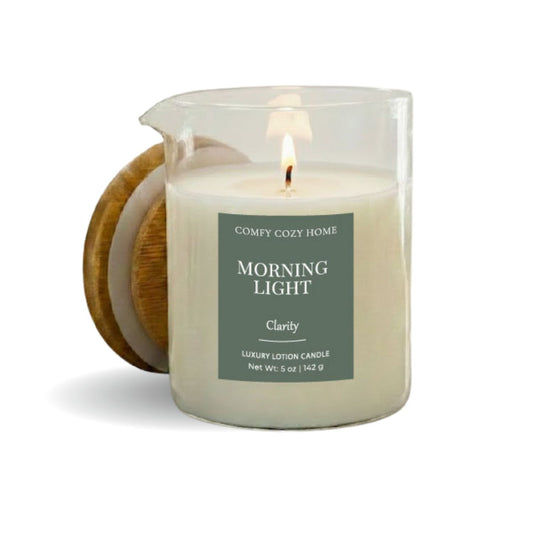 Candle labeled 'Morning Light' from 'Comfy Cozy Home' with a wooden coaster on a white background