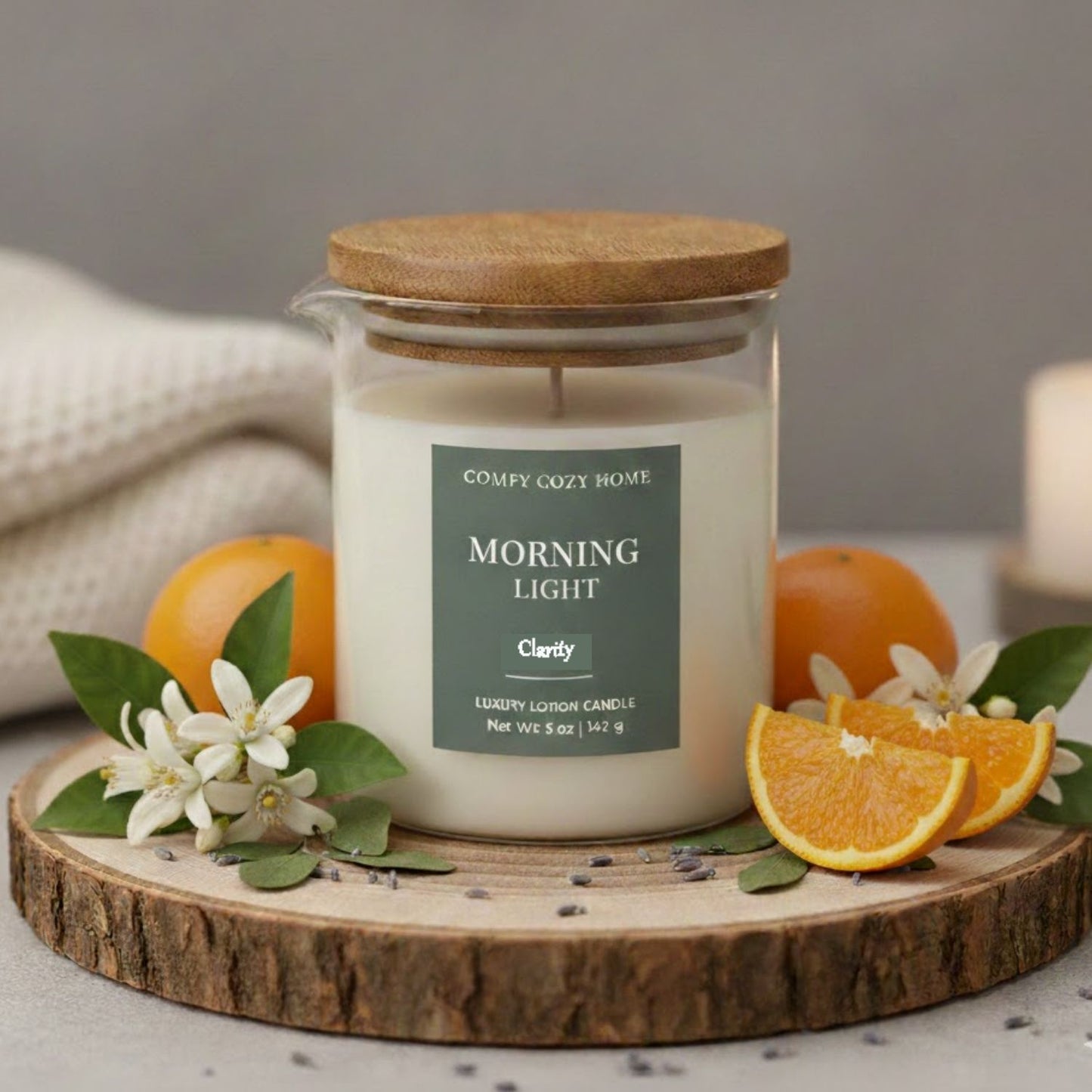 Candle labeled 'Morning Light' from 'Comfy Cozy Home' with a wooden coaster