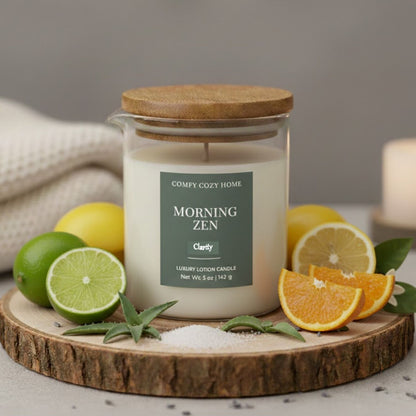 Candle labeled 'Morning Zen' on a wooden tray with citrus fruits and a blanket.