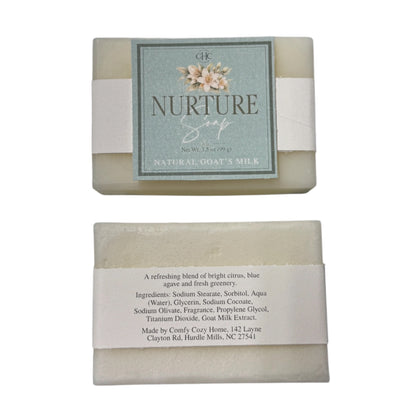 Front and back of the Nurture Citrus Agave goat milk soap bar showing both labels
