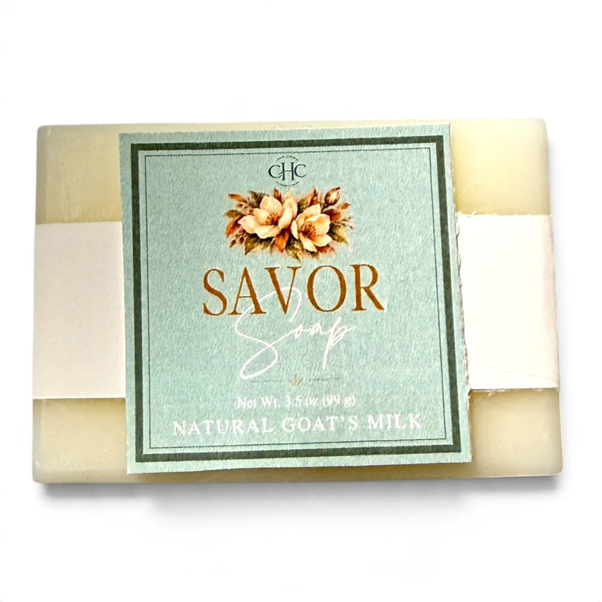Savor goat milk soap in Amber Noir, 3.5 oz bar with scent label