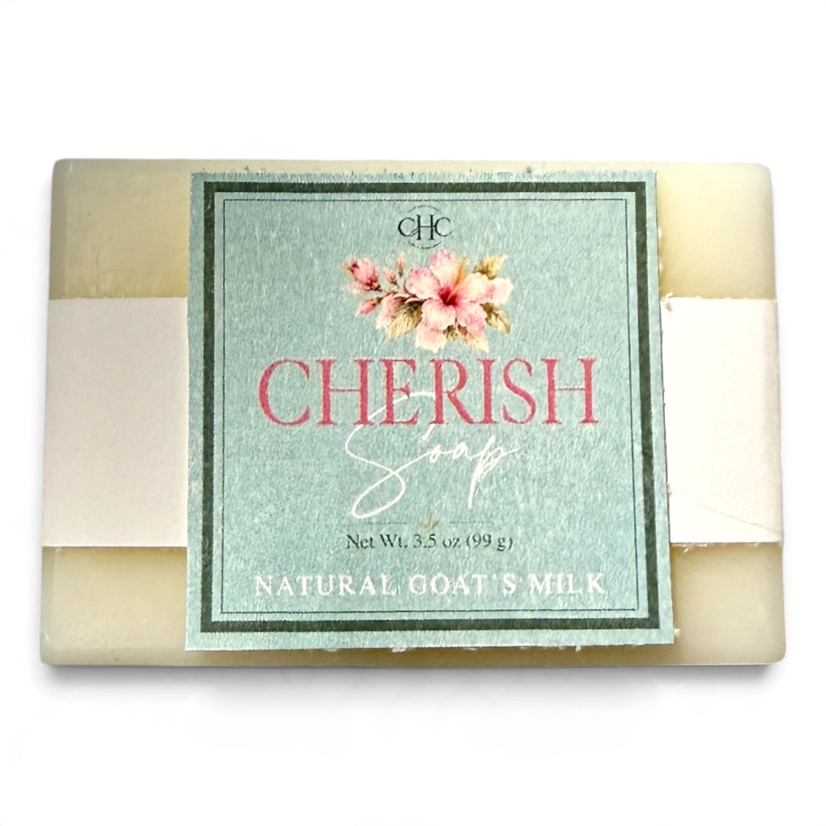 Cherish goat milk soap in Freesia & Lilac, 3.5 oz bar with scent label