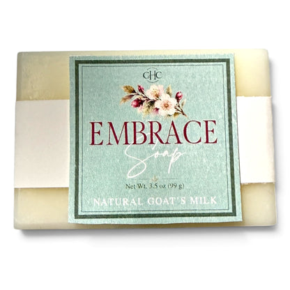 Embrace goat milk soap in Cashmere Plum, 3.5 oz bar with scent label