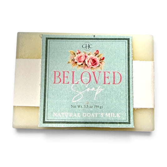 Beloved goat milk soap in Fresh Cut Roses, 3.5 oz bar with scent label