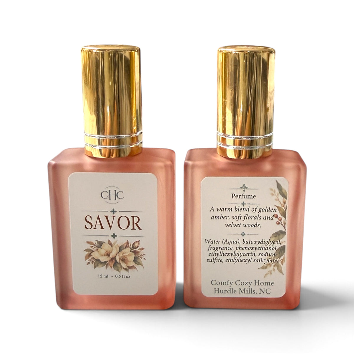 Front and back labels of the Savor Amber Noir alcohol-free perfume spray bottle