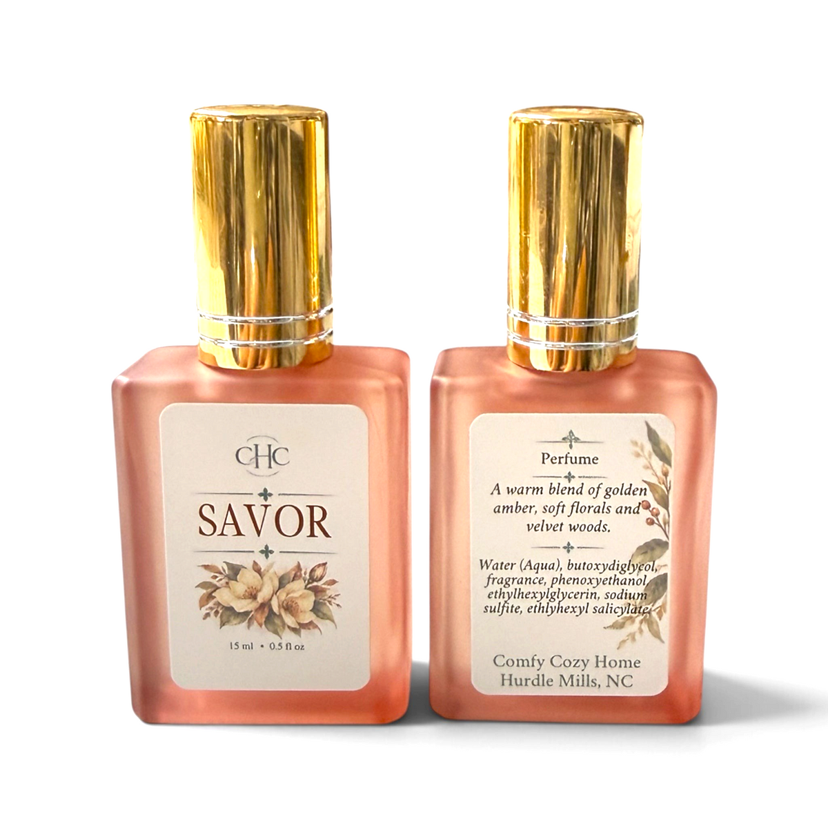 Front and back labels of the Savor Amber Noir alcohol-free perfume spray bottle