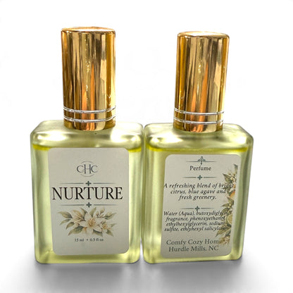 Front and back labels of the Nurture Citrus Agave alcohol-free perfume spray bottle