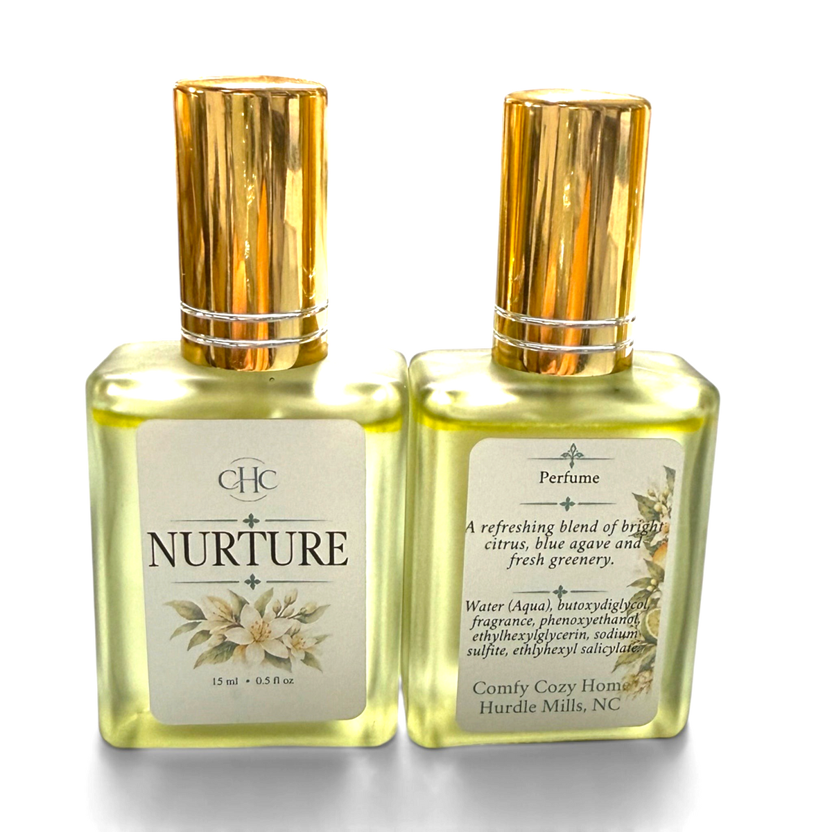 Front and back labels of the Nurture Citrus Agave alcohol-free perfume spray bottle