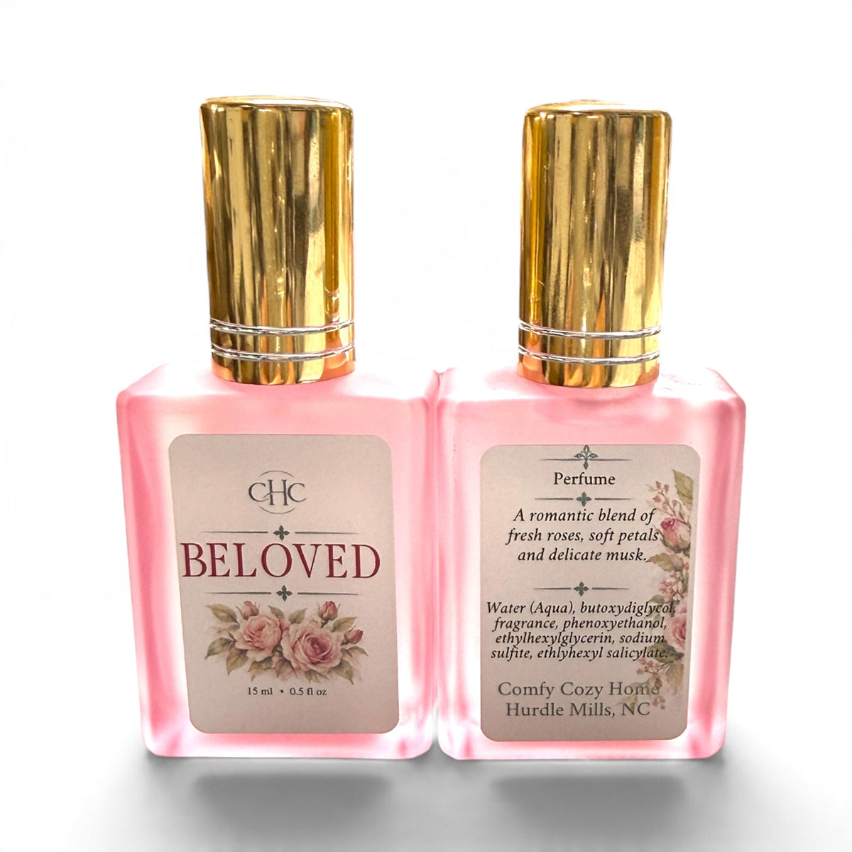 Front and back labels of the Beloved Fresh Cut Roses alcohol-free perfume spray bottle
