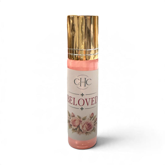 Beloved roll-on perfume in Fresh Cut Roses, 10 ml glass roller bottle with a gold cap