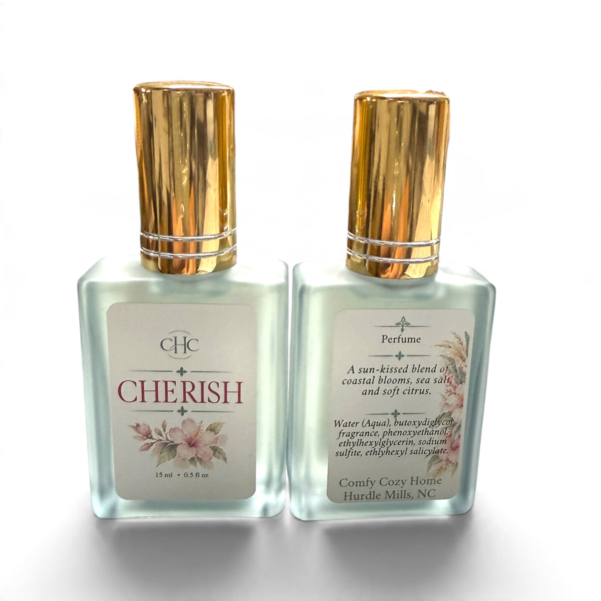 Front and back labels of the Cherish Freesia & Lilac alcohol-free perfume spray bottle