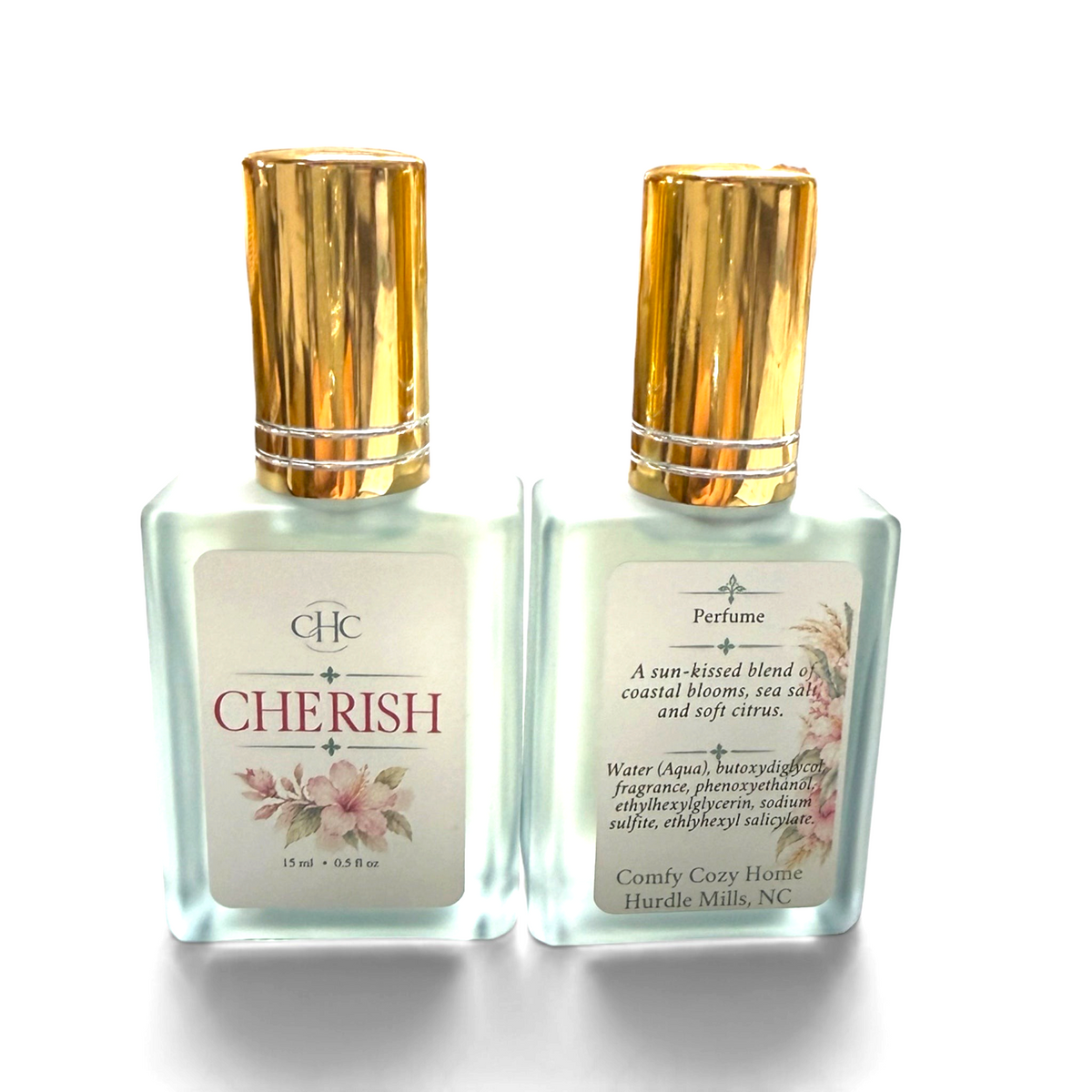 Front and back labels of the Cherish Freesia & Lilac alcohol-free perfume spray bottle