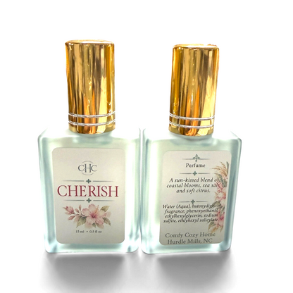 Front and back labels of the Cherish Freesia & Lilac alcohol-free perfume spray bottle