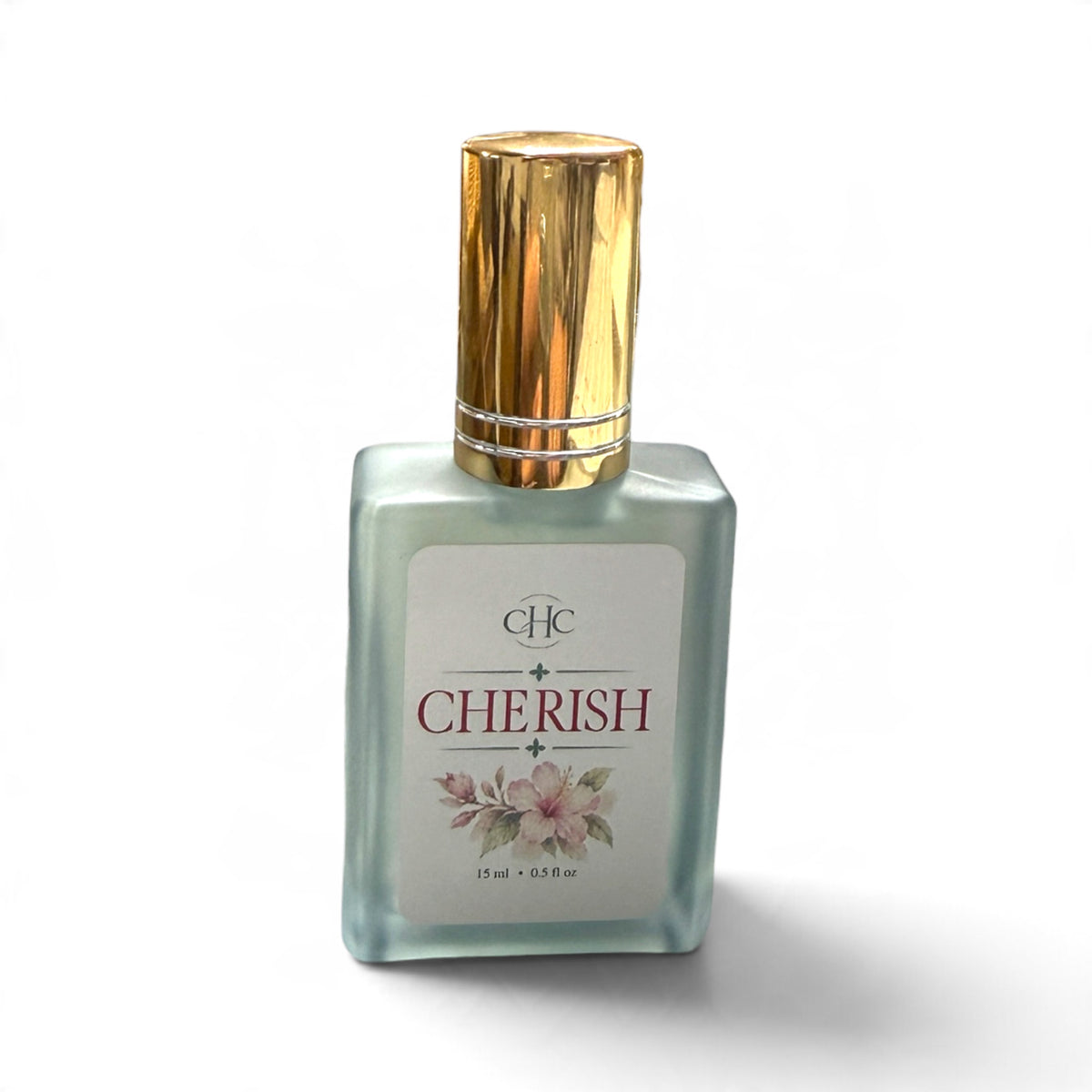 Cherish perfume spray in Freesia & Lilac, 15 ml alcohol-free perfume in a glass bottle with a gold cap