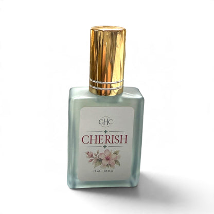 Cherish perfume spray in Freesia & Lilac, 15 ml alcohol-free perfume in a glass bottle with a gold cap