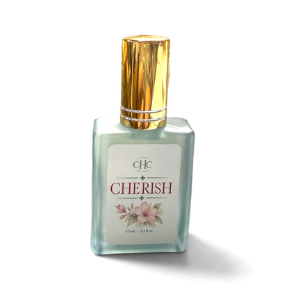 Cherish perfume spray in Freesia & Lilac, 15 ml alcohol-free perfume in a glass bottle with a gold cap