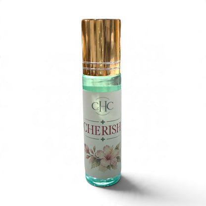Cherish roll-on perfume in Freesia & Lilac, 10 ml glass roller bottle with a gold cap