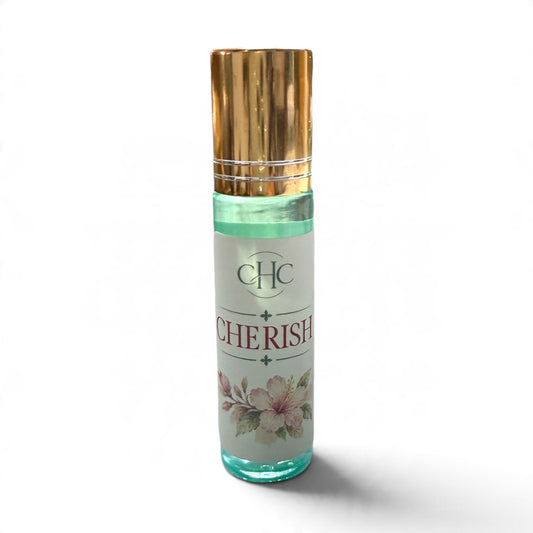 Cherish roll-on perfume in Freesia & Lilac, 10 ml glass roller bottle with a gold cap