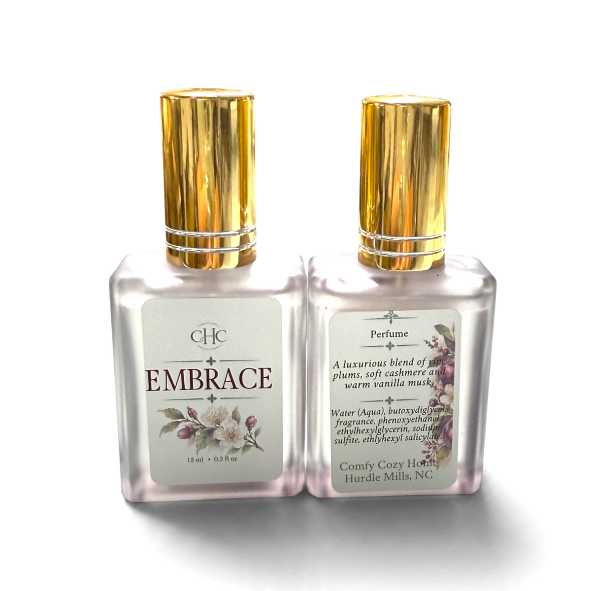 Front and back labels of the Embrace Cashmere Plum alcohol-free perfume spray bottle