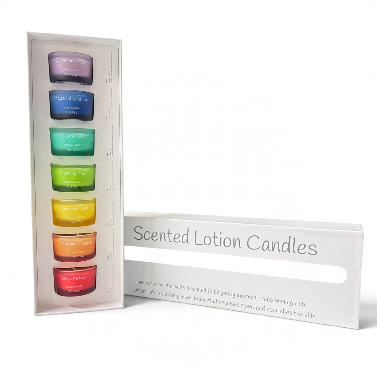 Lotion Candle Subscription starter box open, showing seven colorful mini lotion candles