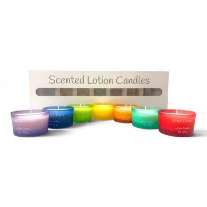 Seven mini scented lotion candles in a row in front of the Scented Lotion Candles starter box