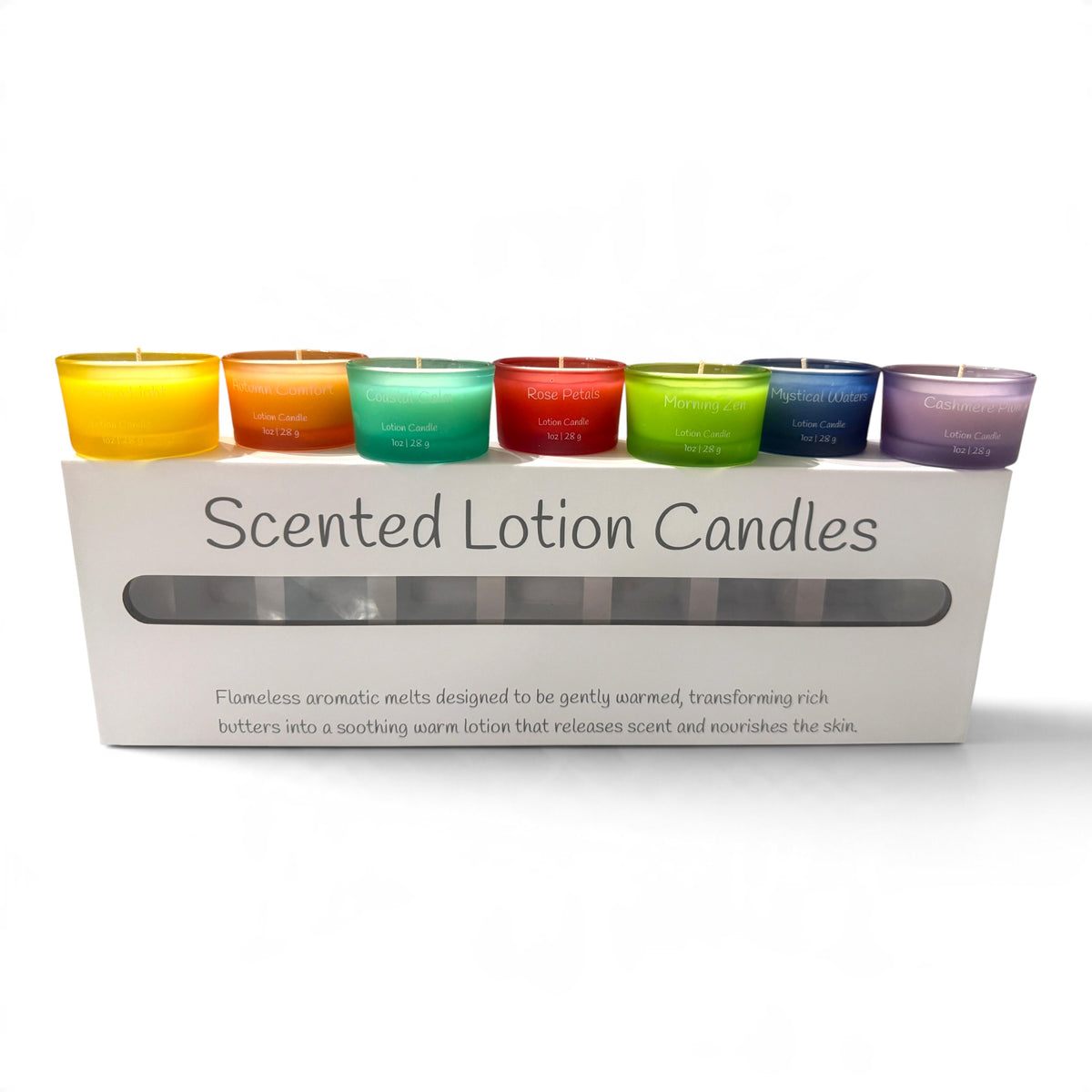Seven mini lotion candles displayed in the Scented Lotion Candles gift box