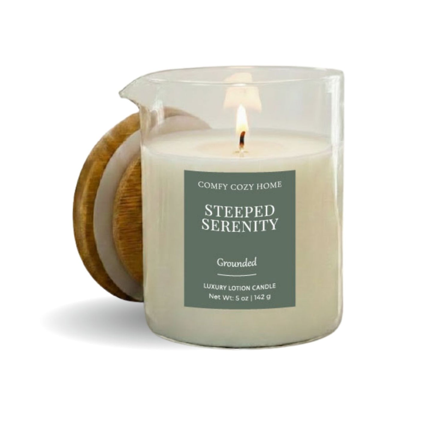 Candle labeled 'Steepled Serenity' from Comfy Cozy Home on a white background