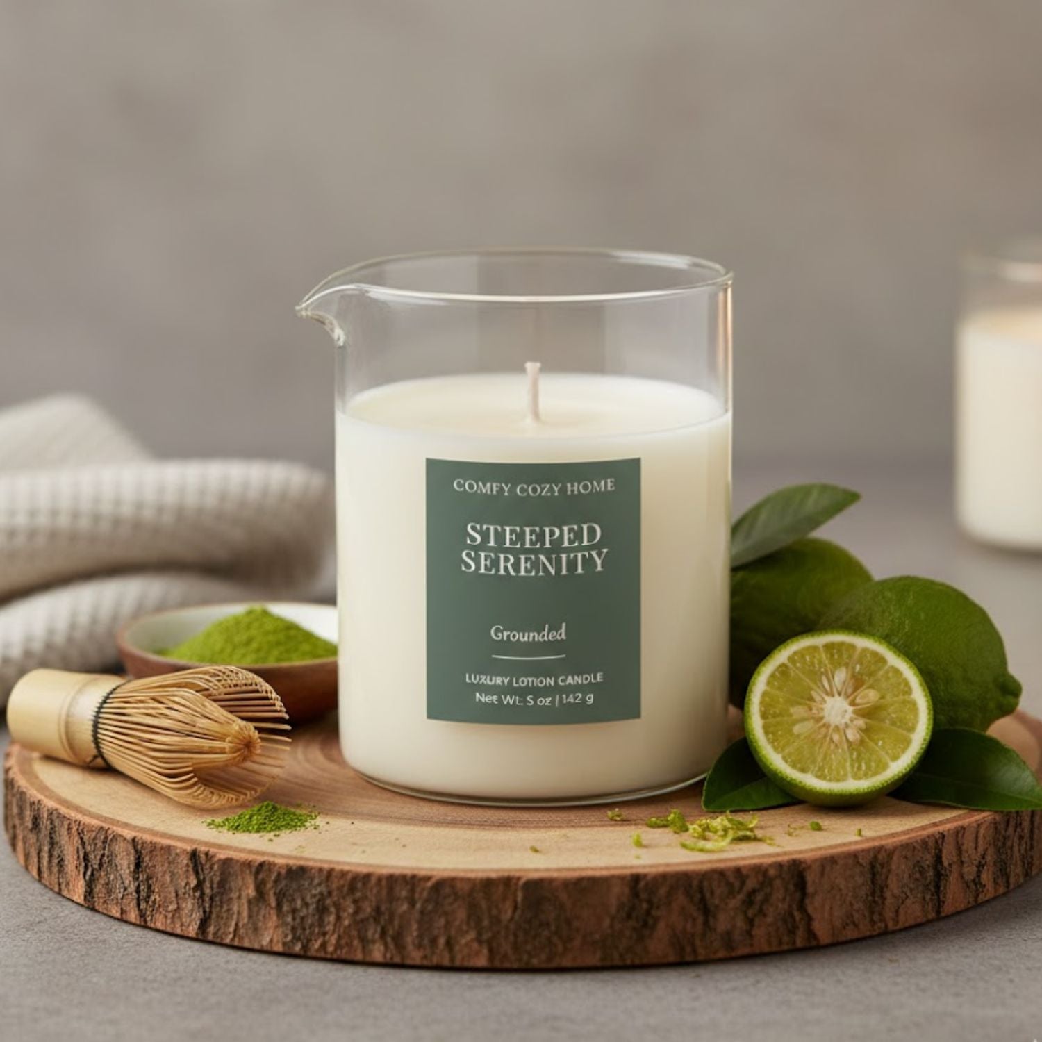 Candle labeled 'Steepled Serenity' on a wooden surface with green leaves and a lime.